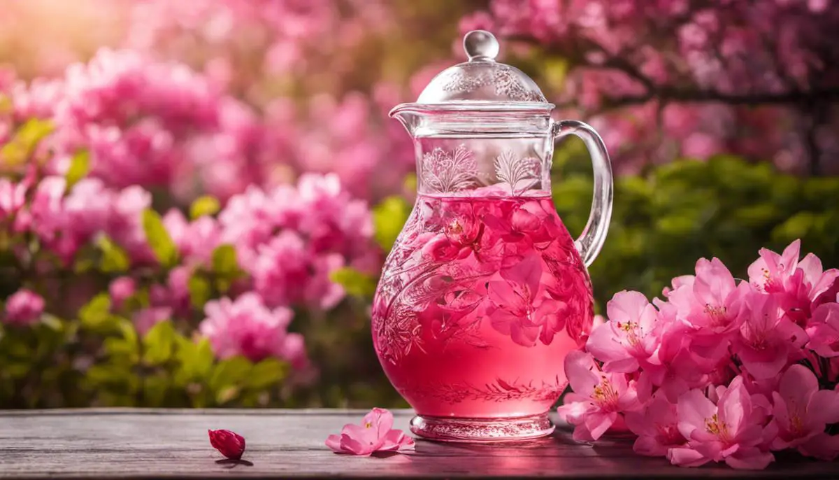 Image of a pitcher of Jindallae-hwachae, a beautiful, pink beverage with azalea blossoms floating on top, representing the vibrant flavors and aesthetic appeal of the traditional Korean drink.