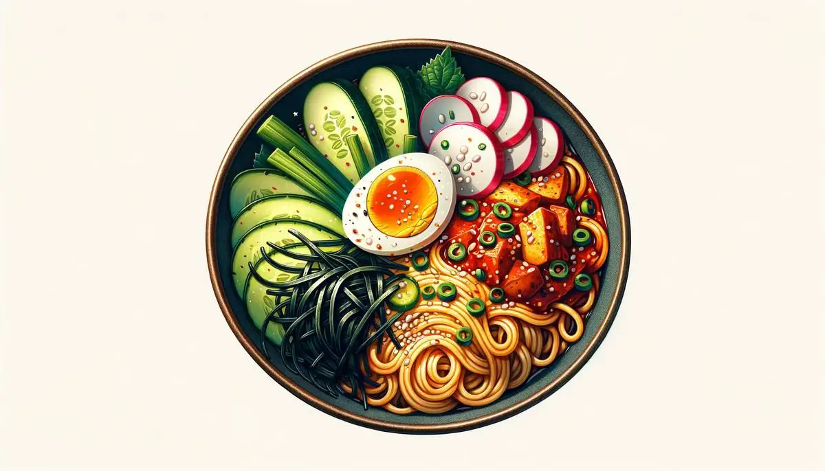 A delicious bowl of Bibim Guksu, featuring somyeon noodles tossed in a spicy dressing with cucumber, radish, hard-boiled egg, and seaweed toppings