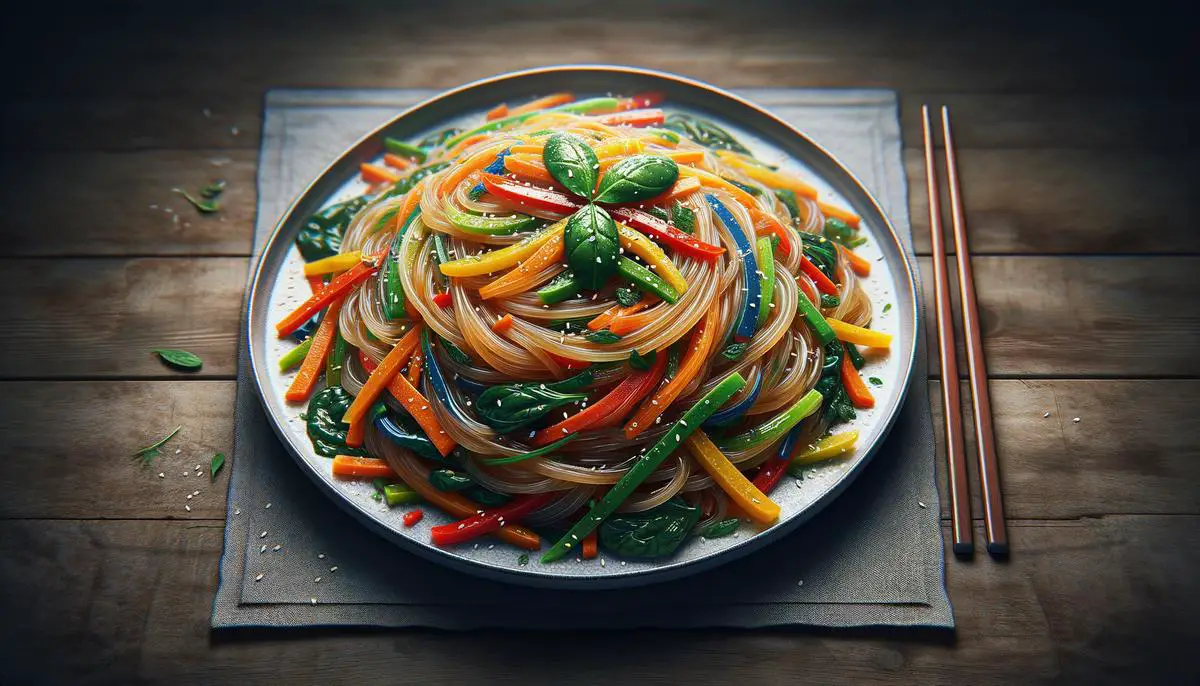 A plate of Japchae noodles with a glossy, translucent appearance, garnished with colorful vegetables and sesame seeds