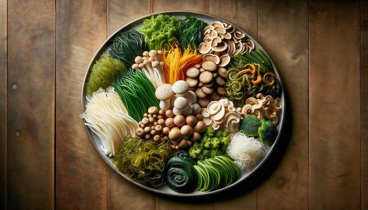 Various Korean vegetables like seaweed, mushrooms, and fermented veggies on a plate