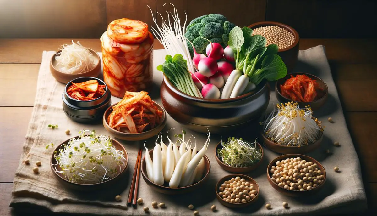 Various fresh Korean vegetables on display including kimchi, radishes, and soybean sprouts.