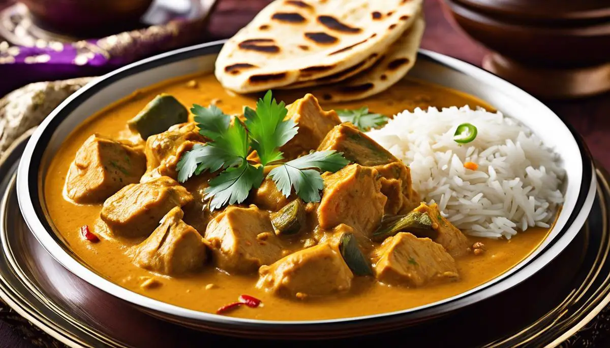 A plate of beautifully cooked korma with vibrant colors of spices and well-marinated proteins, served with fragrant rice and warm naan bread.