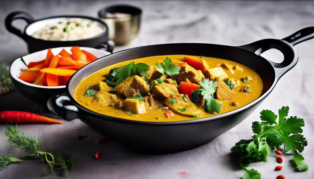 A colorful and aromatic korma dish, showcasing well-prepped vegetables and protein.