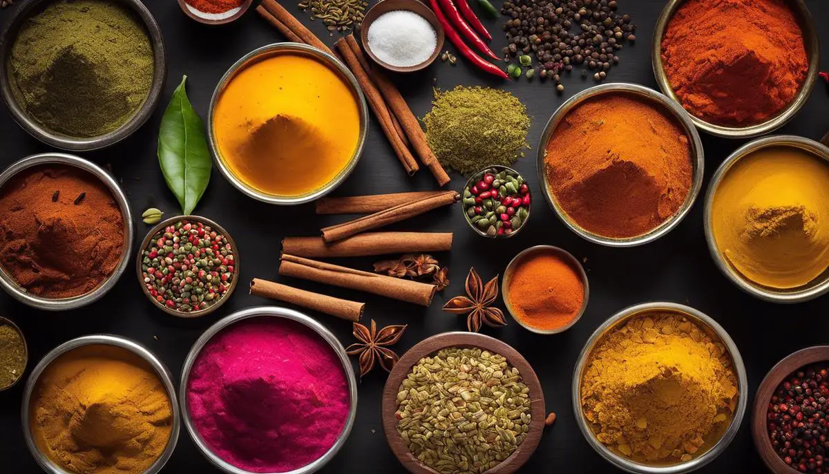 Image of a variety of colorful spices used in korma paste, representing the vibrant assortment of flavors and aromas.