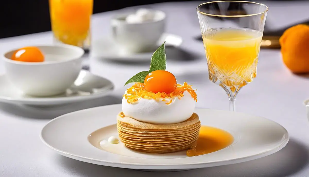 A beautiful kumquat dessert with a meringue bird's nest filled with vividly colored kumquat sorbet, paired with a matching kumquat-infused drink at the side.