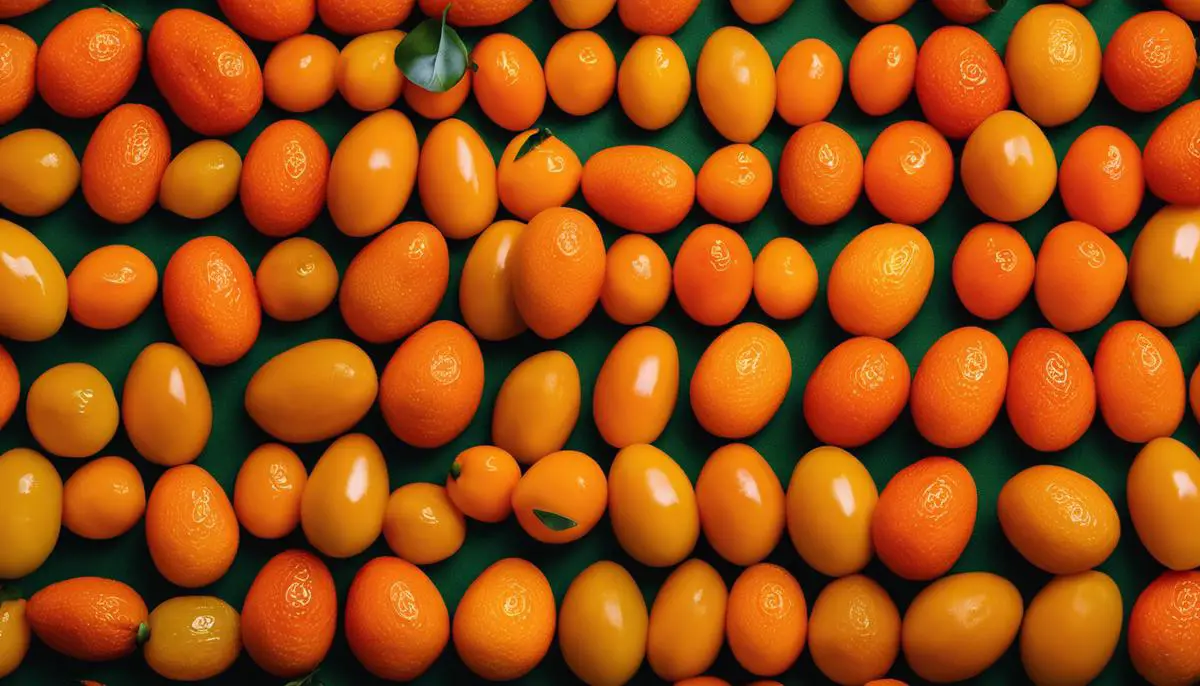 A close-up image of vibrant orange kumquats, showcasing their unique size and dimpled packaging.