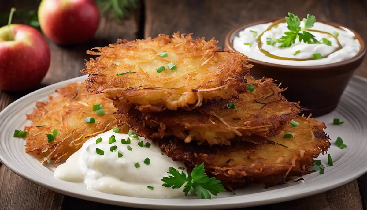 A stack of crispy golden latkes served with a dollop of sour cream and applesauce