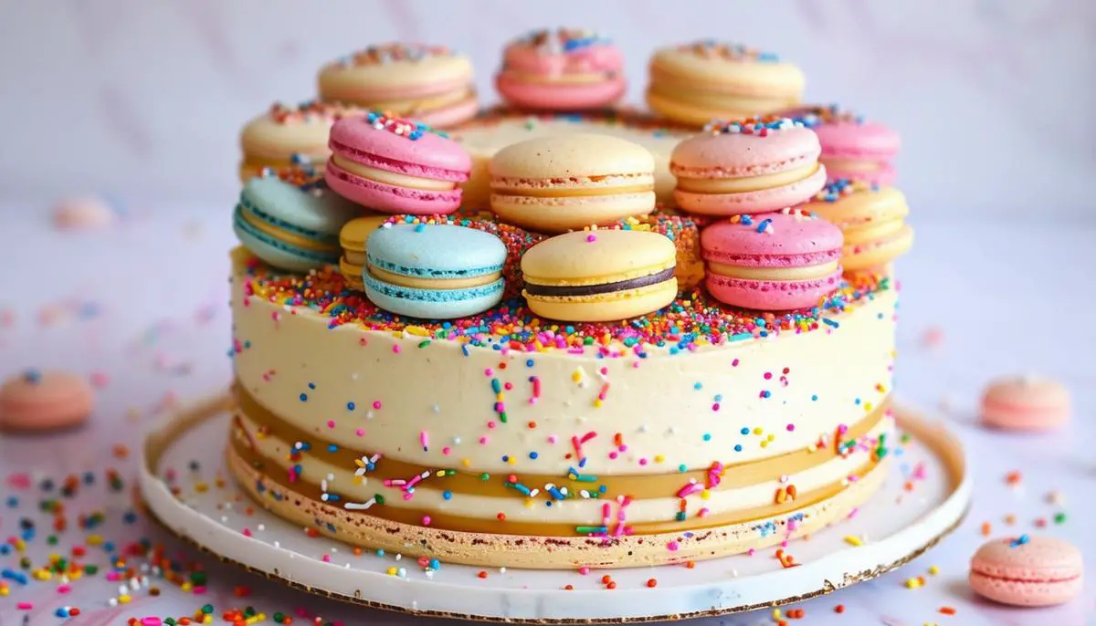 A layered vanilla macaron cake with buttercream frosting and decorated with sprinkles and mini macarons