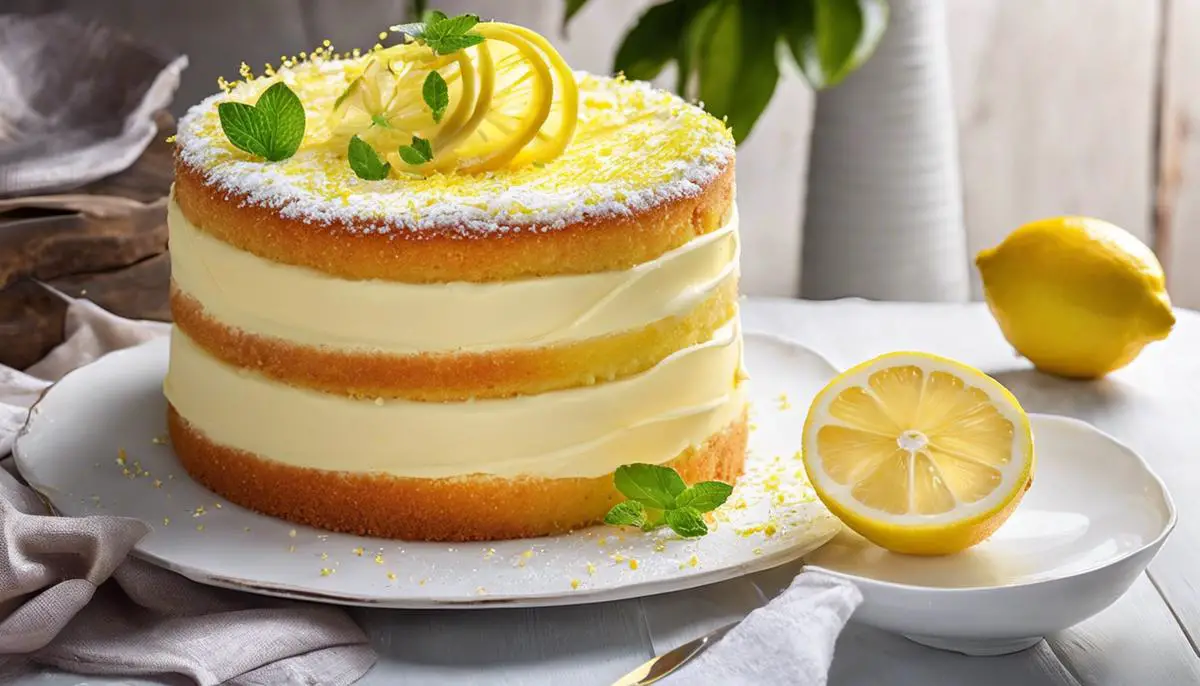 A delicious lemon cake with lemon zest sprinkled on top, reflecting the vibrant flavor and sunshine-like essence of the cake.