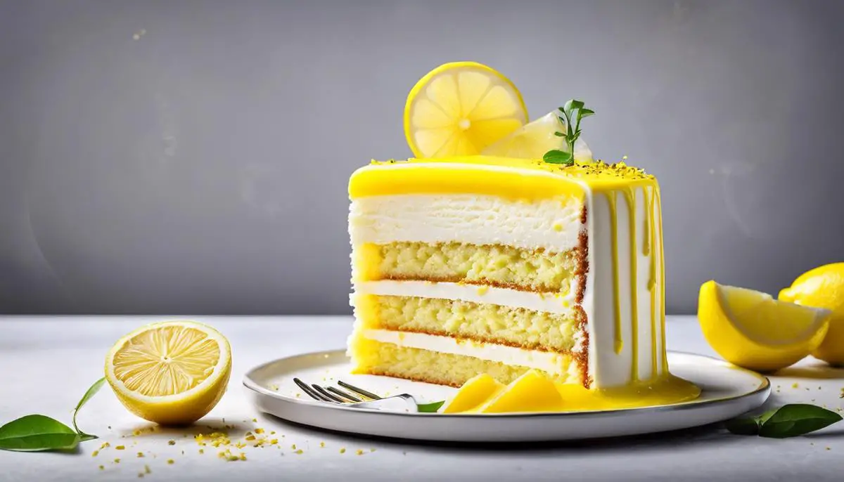 A picture of a delicious lemon cake with a lemon slice on top, surrounded by lemon zest.