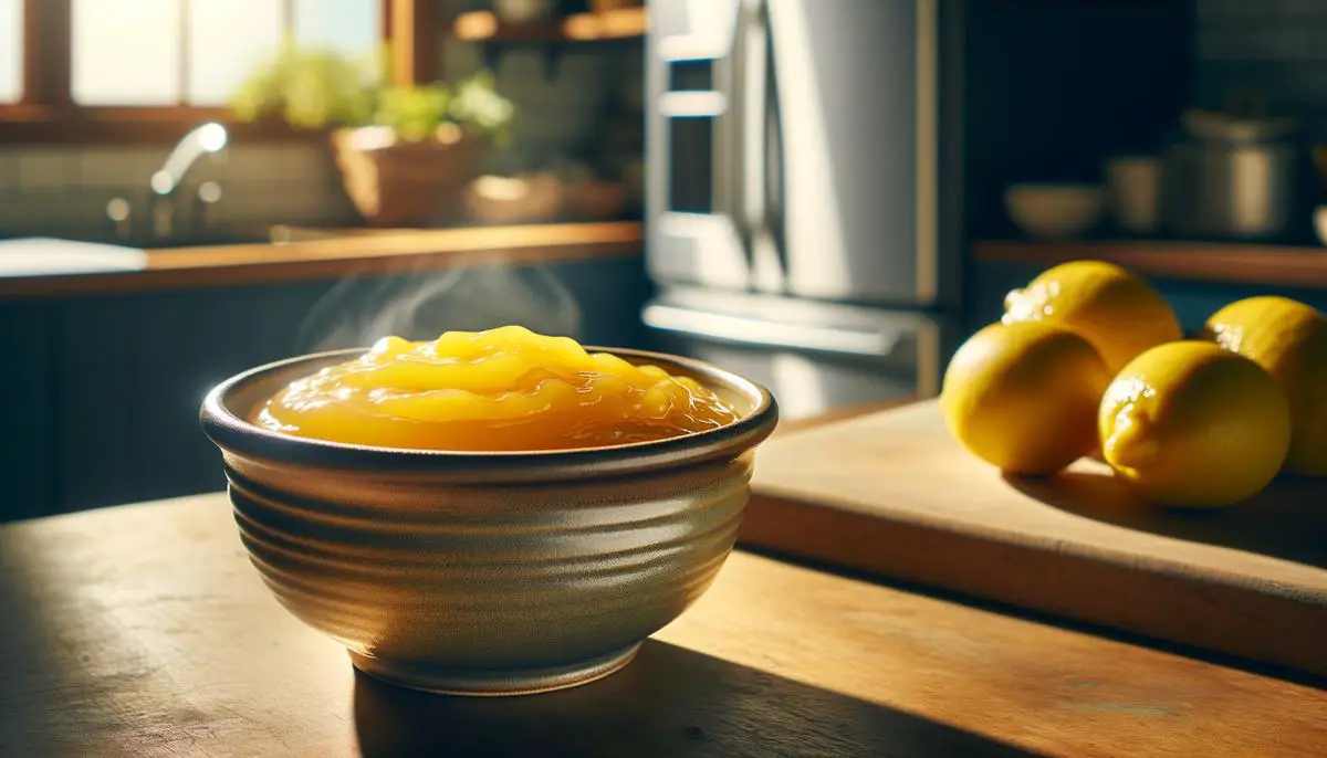 A bowl of lemon curd being left to cool at room temperature before chilling in the fridge.