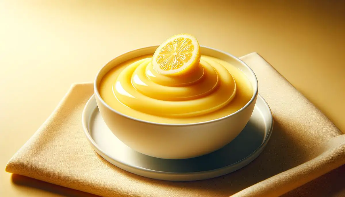 A delicious lemon custard in a bowl with a silky smooth texture and a vibrant yellow color