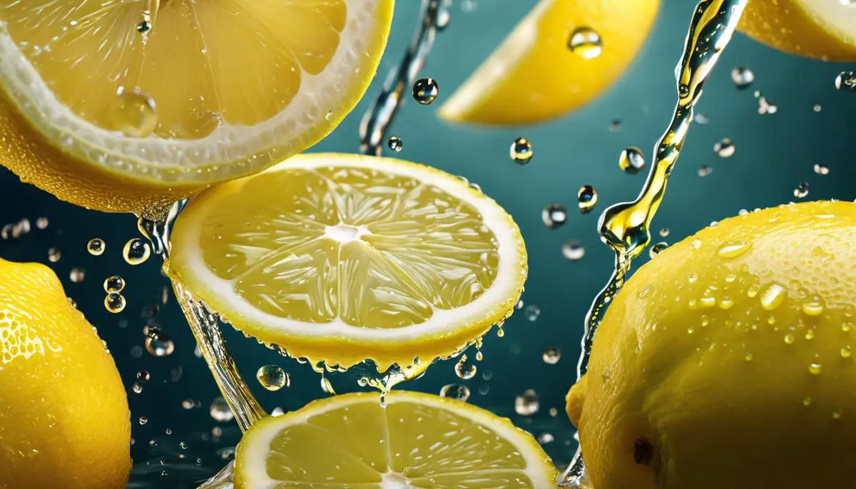 A close-up image of freshly squeezed lemon juice, with droplets glistening on the surface