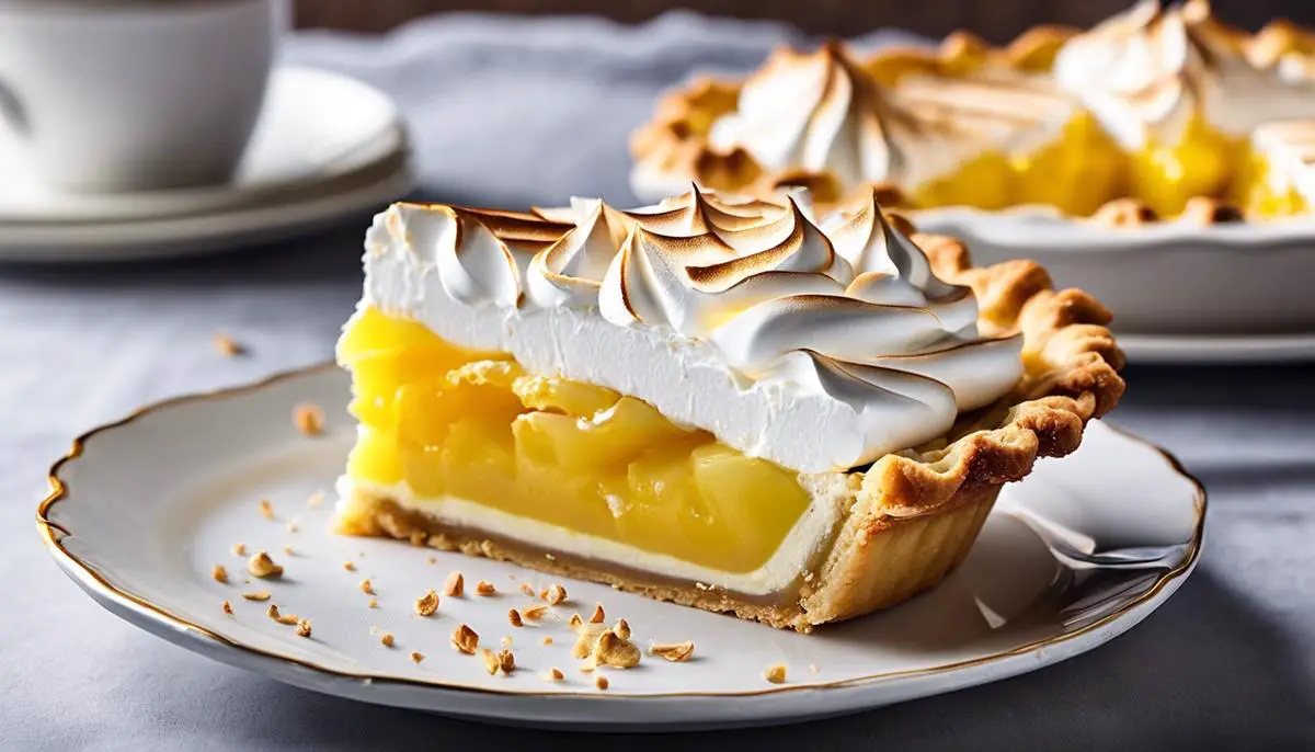 A slice of a delicious lemon meringue pie with a perfectly golden meringue topping and a flaky crust.