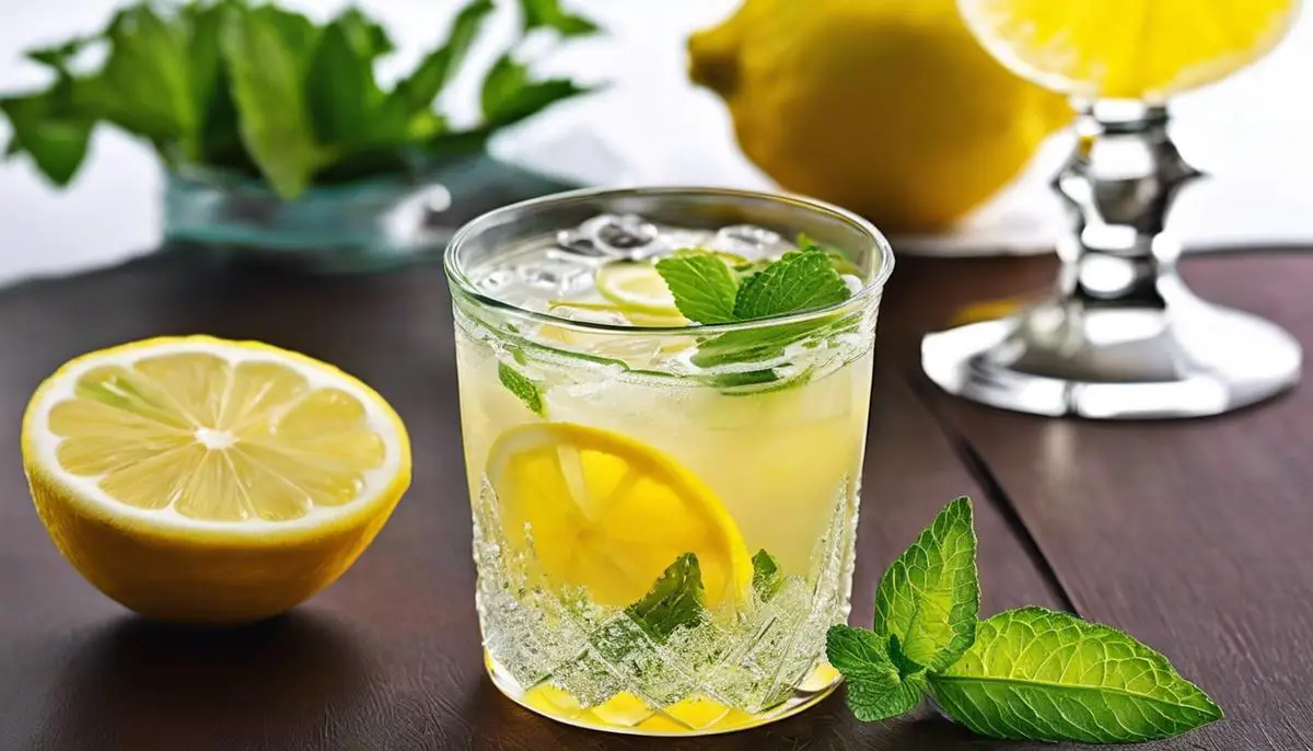 A refreshing glass of lemon sharbat with slices of lemon and mint leaves on top.