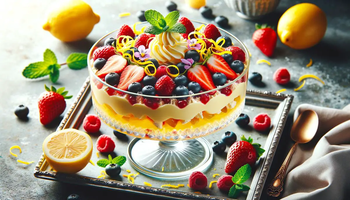 A beautifully decorated lemon trifle with edible flowers, lemon zest, fresh berries, and mint sprigs, creating a vibrant and appealing dessert
