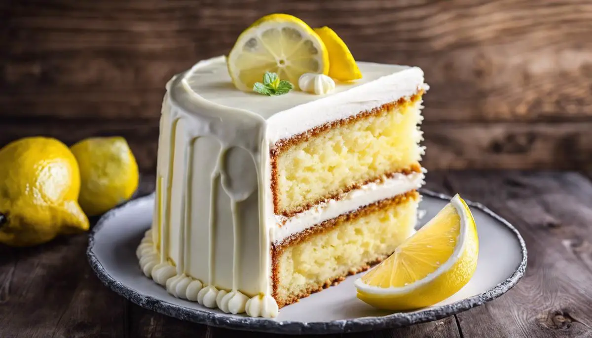 A delicious lemonade cake with a lemon slice as decoration