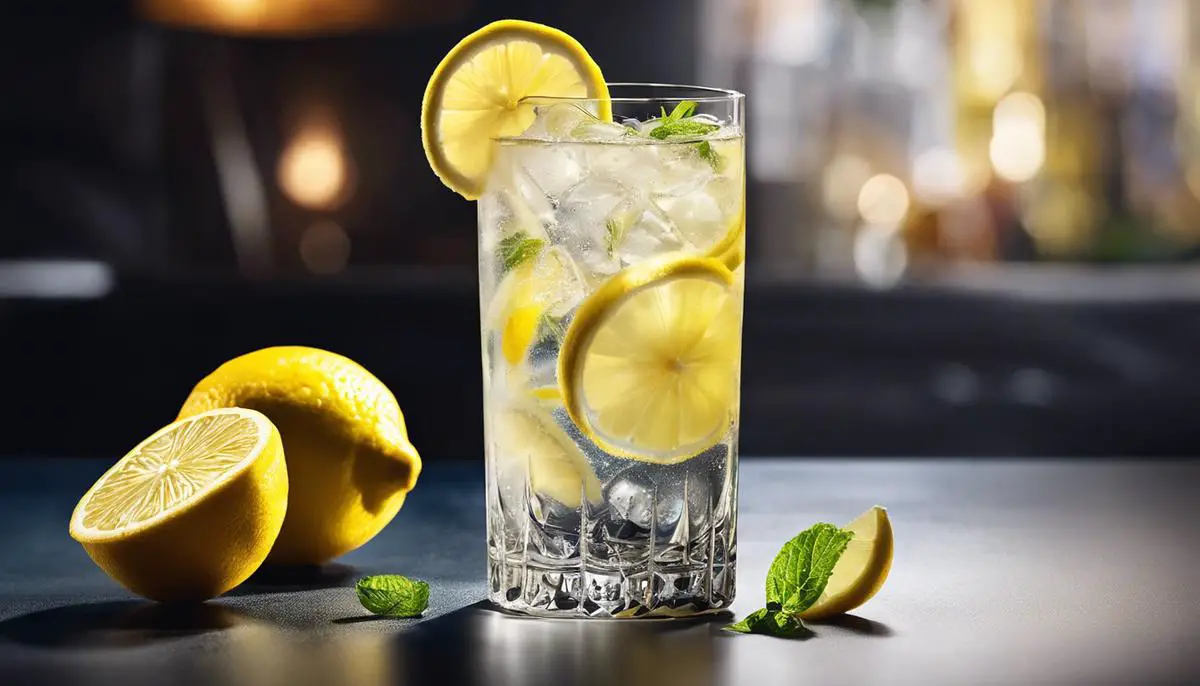An image of a delicious glass of fresh lemonade served with ice cubes and a slice of lemon. The glass is garnished with sugar on the rim to add extra sweetness.