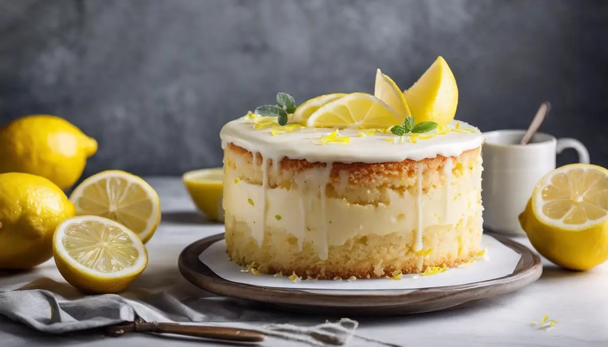 A close-up image of a lemonade cake with lemon slices and zest on top, representing the text about adding a lemonade zest kick to the cake