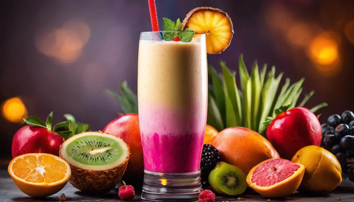 A picture of a colorful licuado with different fruits and toppings.