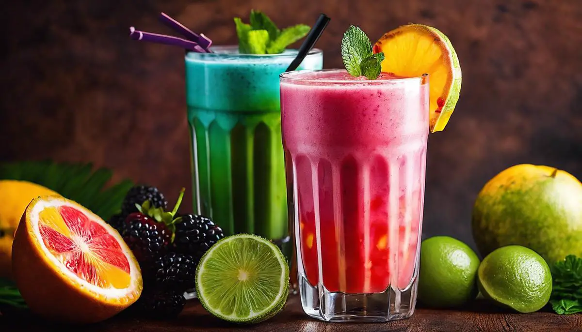 A refreshing licuado drink with a vibrant mix of fruits in a glass