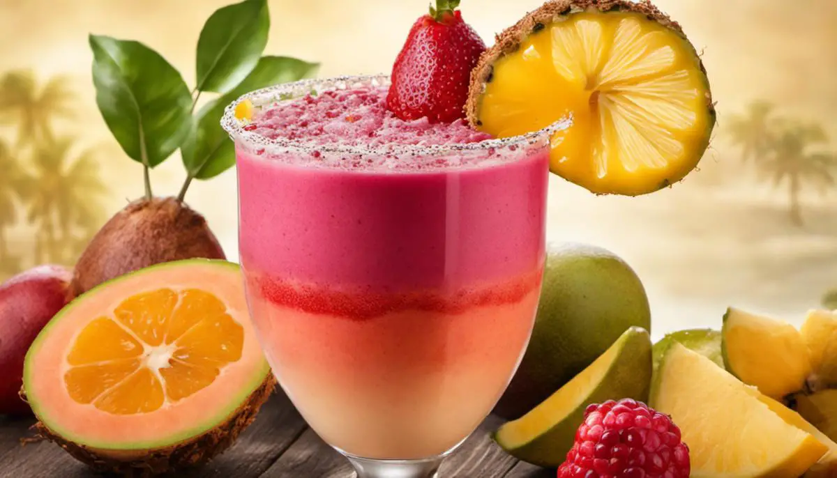 A colorful image of a glass filled with a thick and creamy licuado, topped with a vibrant blend of tropical fruits and a sprinkle of cinnamon, evoking the flavors and essence of Latin America.