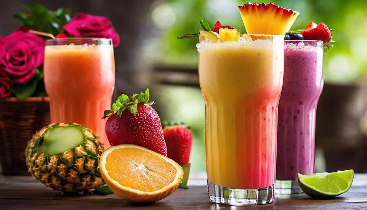 A refreshing licuado drink with vibrant colors and a garnish of fresh fruit.