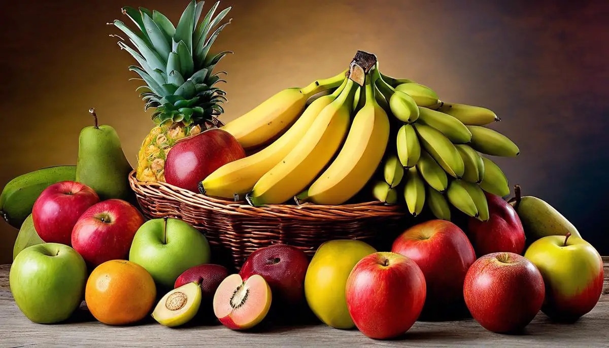 A vibrant image of various fruits, including bananas, apples, papayas, and guavas, representing the vibrant essence and nutritional value of a licuado.