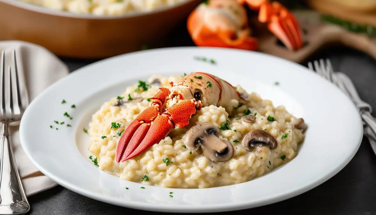 A plate of creamy lobster risotto with mushrooms, garnished with parsley, on a white plate with a fork.