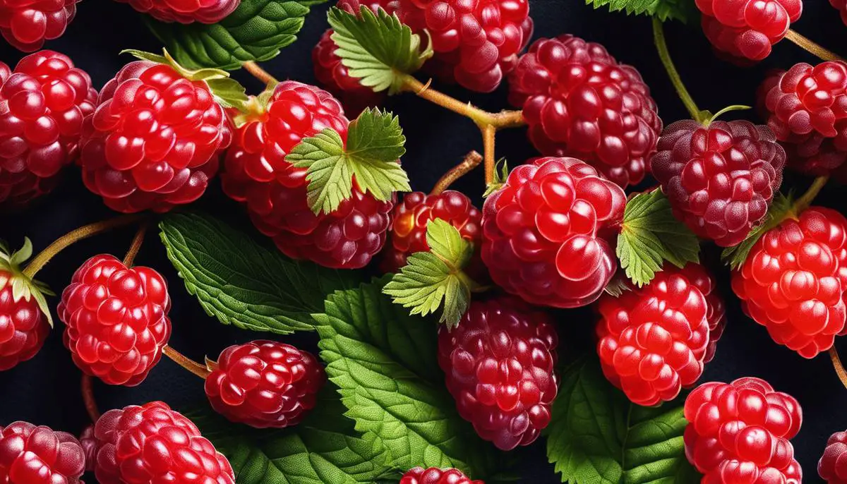 A close-up image of vibrant Loganberries, showcasing their deep, rich red hue and plump juiciness.