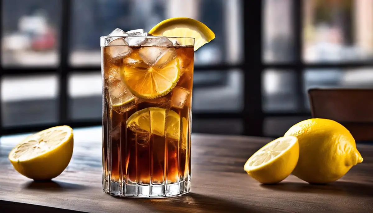A glass of Long Island Iced Tea on a table with lemon garnish and straw