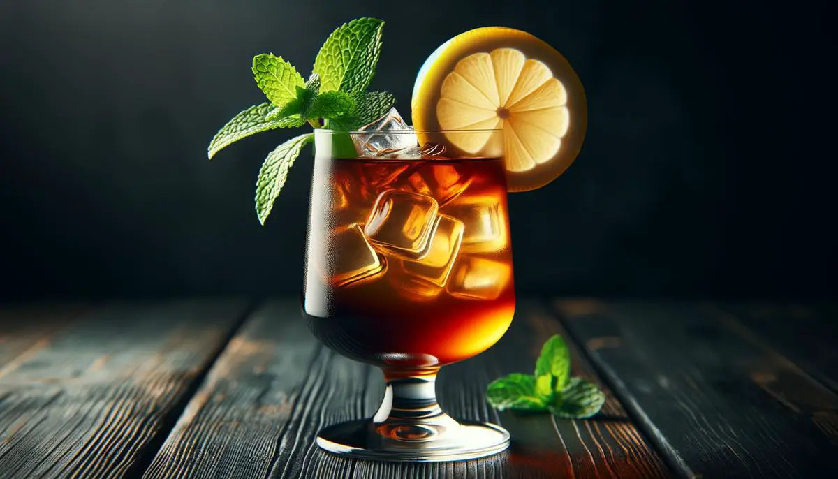 long island iced tea in a cocktail glass with lemon wedge and mint garnish
