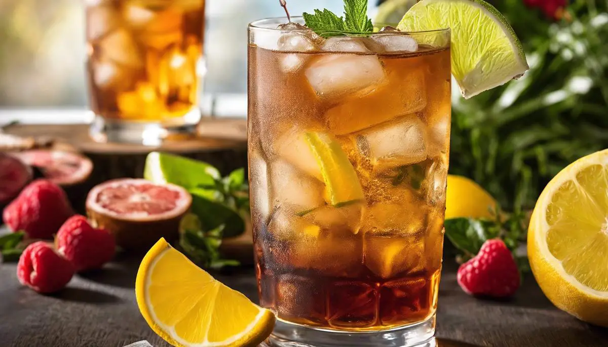 A visually appetizing and refreshing glass of Long Island Iced Tea with various garnishes.