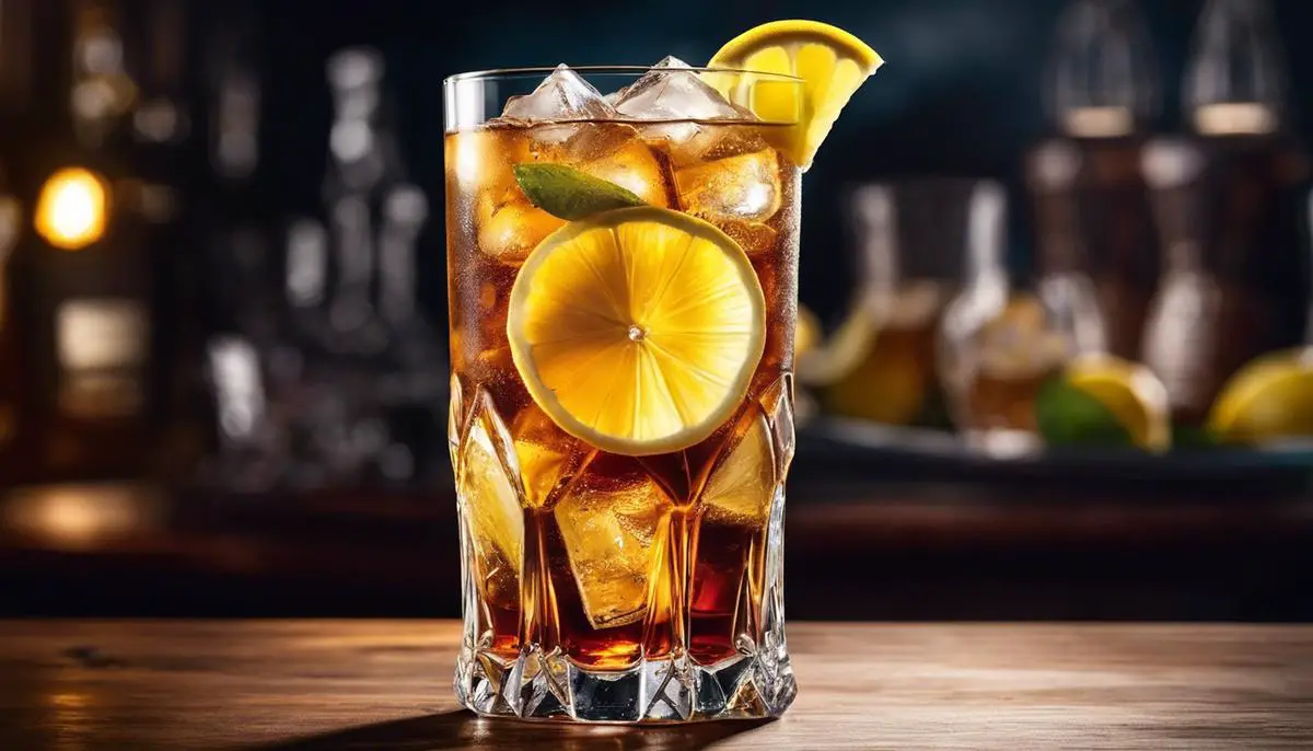 A refreshing glass of Long Island Iced Tea with ice and a lemon wedge on the side.