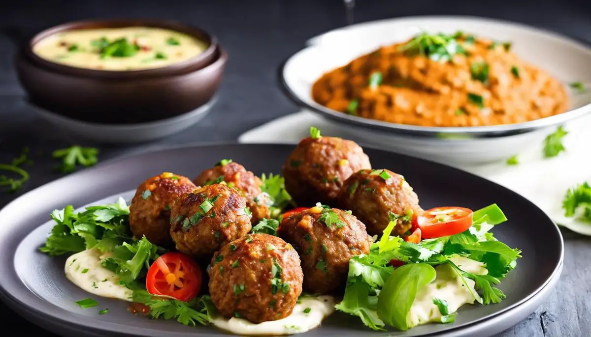 A visually appealing dish of low-calorie Malai Kofta, featuring vegetable-stuffed koftas with a velvety mock cream gravy and accompanied by whole-grain naan and a refreshing Kachumber salad.