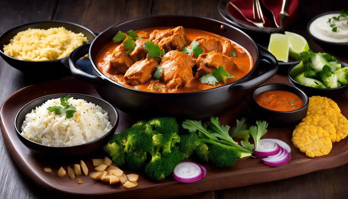 A tantalizing image of low carb butter chicken served with various sides and accompaniments.