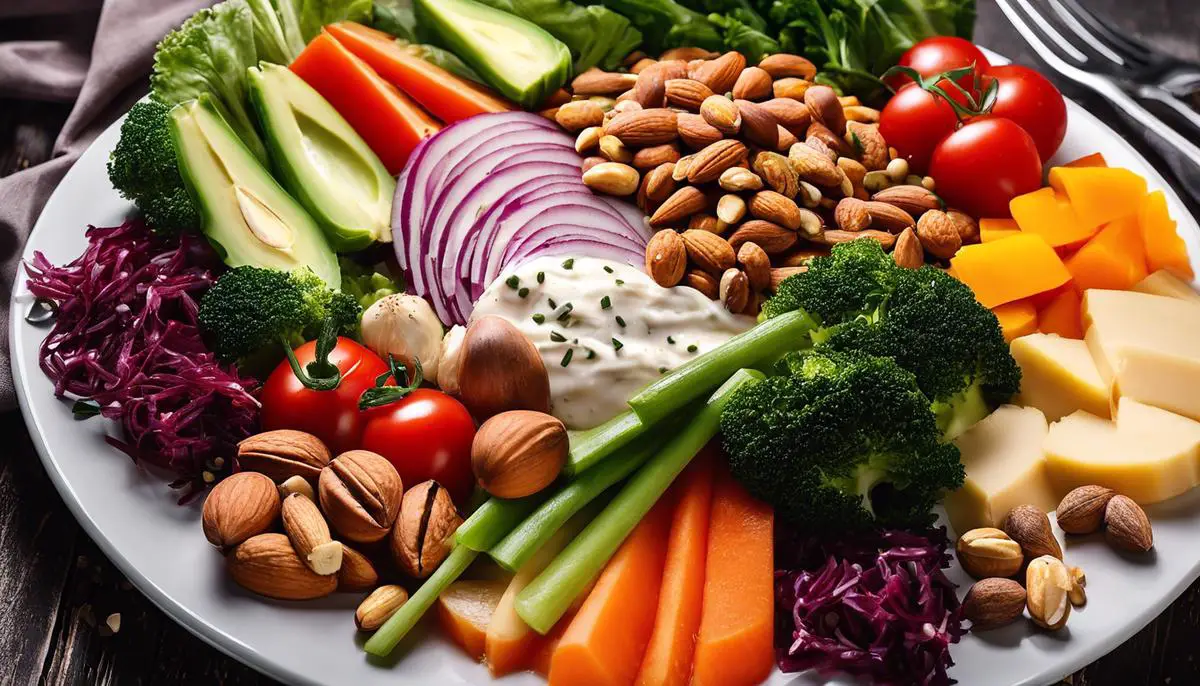 Image of a colorful plate filled with a variety of healthy low-carb foods including vegetables, protein, and nuts.