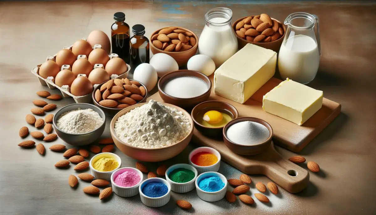 Various ingredients for making a macaron cake, including almond flour, powdered sugar, eggs, butter, and food coloring