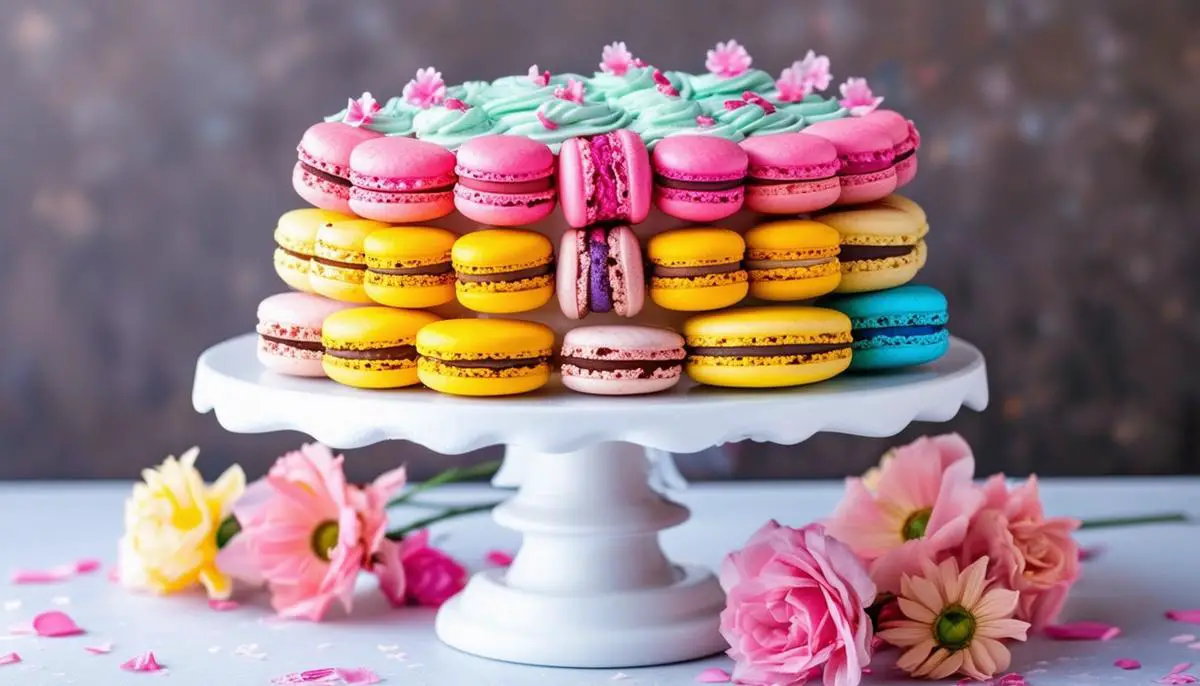 A colorful macaron cake on a white cake stand with flowers around it