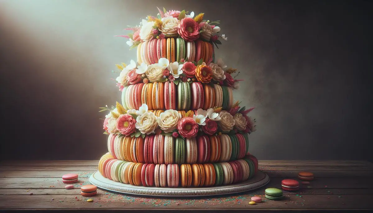 A tall macaron cake with layers of different colored macaron shells and frosting, topped with fresh flowers and sprinkles, on a decorative plate