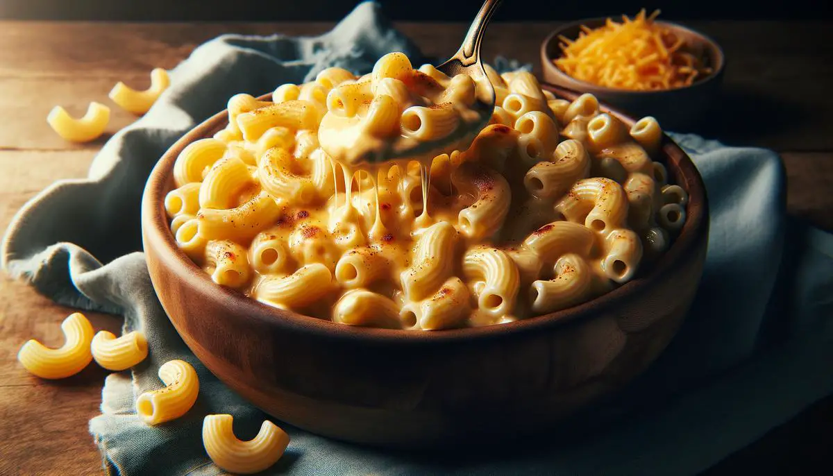A delicious bowl of macaroni and cheese, showcasing cheesy goodness and comfort in every bite