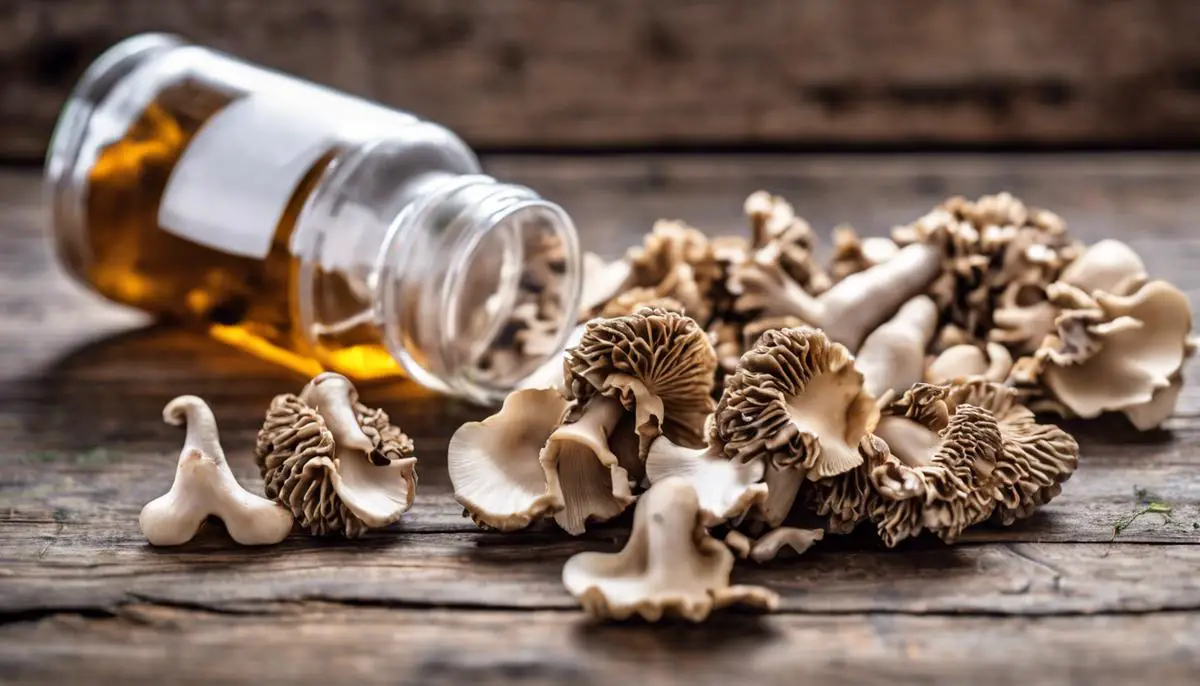 Maitake mushroom supplement capsules spilling out of a bottle onto a wooden surface