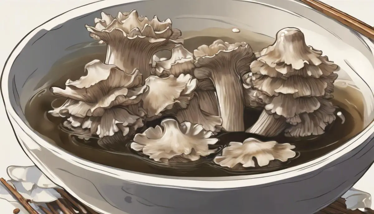 Maitake mushrooms floating in a bowl of traditional Japanese miso soup