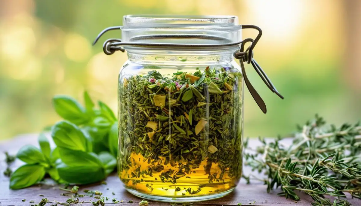 A glass jar filled with chopped herbs and alcohol, representing the process of making an herbal tincture.