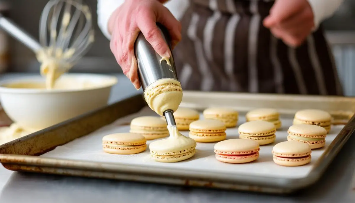 A person in an apron piping macaron batter onto a baking sheet, with a whisk and bowl of batter in the background