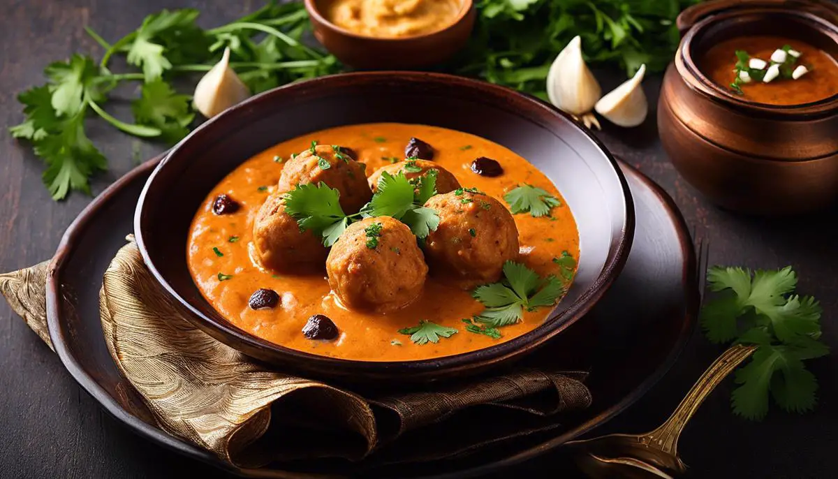 A plate of delicious Malai Kofta, a popular Indian dish. The koftas are dumplings made with paneer, stuffed with nuts and raisins, and cooked in a creamy tomato-based gravy. The dish is garnished with fresh coriander leaves and served with naan bread.