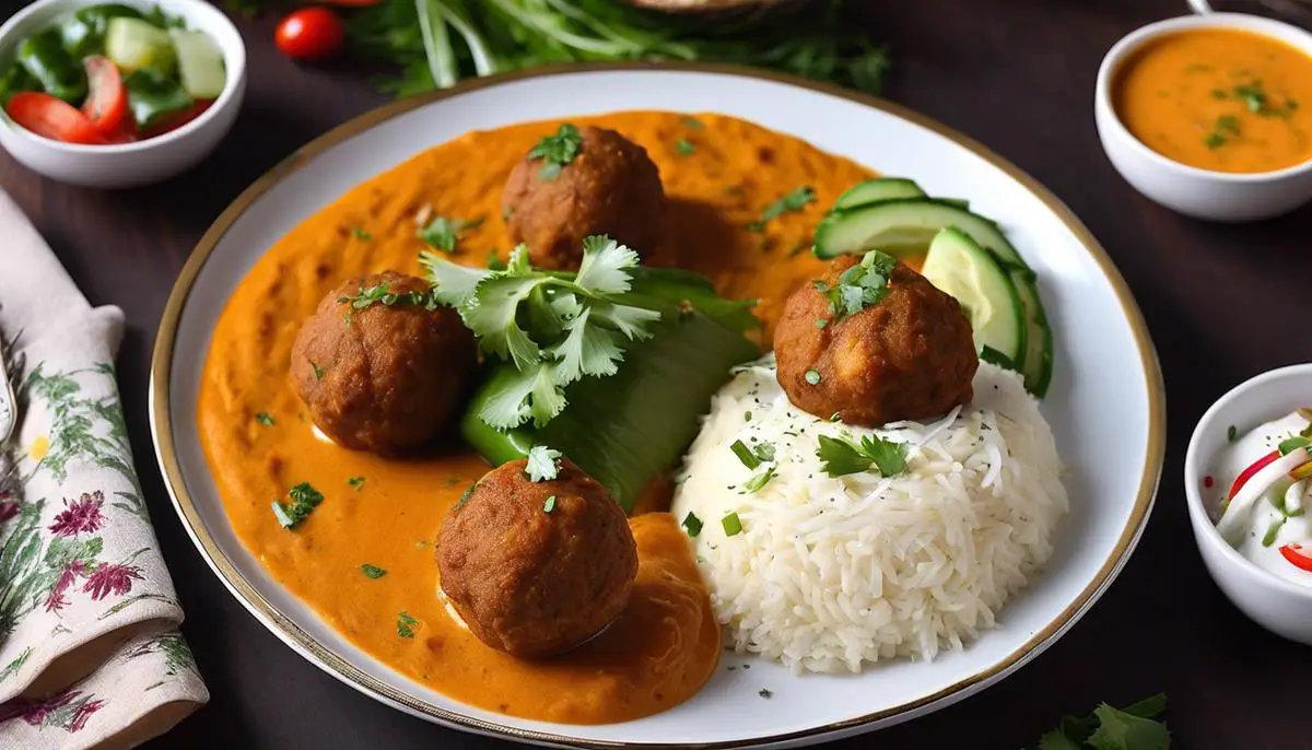 A plate of delicious Malai Kofta, golden brown kofta balls in a creamy sauce, served with naan bread and a side salad of fresh vegetables.