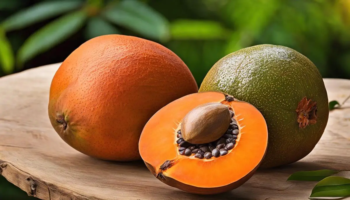 A ripe mamey sapote fruit, with its unique orange flesh and brown speckled skin.