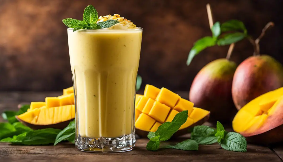 A refreshing glass of mango lassi, perfectly blended and garnished with mint leaves, representing the sweet and tangy flavors of India.
