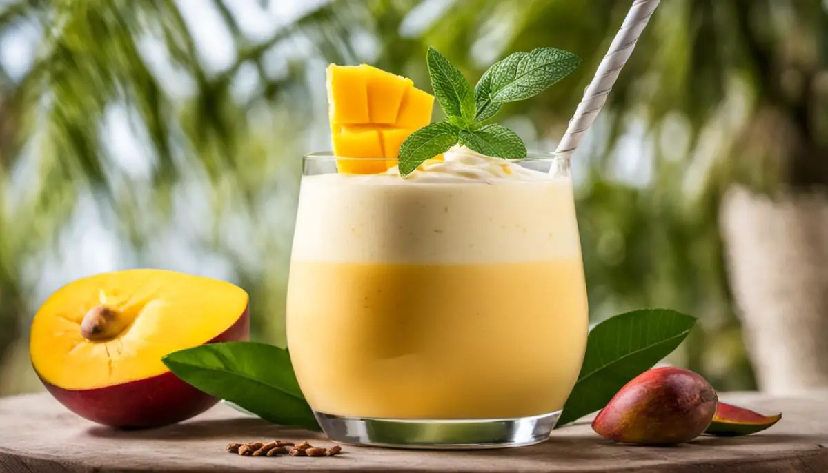 A refreshing glass of creamy mango lassi garnished with slices of mango